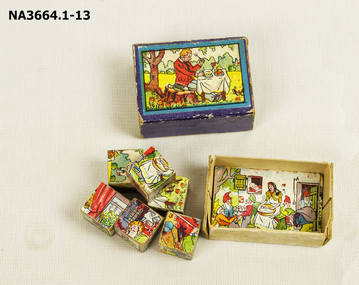 Matchbox type set of 6 child's blocks with 5 pictures matching the blocks.