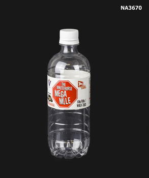 Plastic water bottle inscribed with the words 'The Whitehorse Mega Mile Fun Run 2003'.
