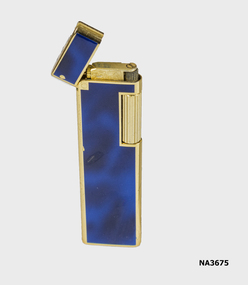 Slim cigarette lighter; gold and royal blue