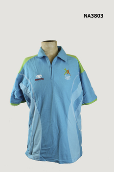 Male shirt with collar and zip-up neck.