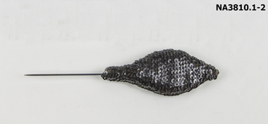hat pins, black tear drop shape covered in black sequins. 