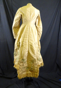 One piece old gold Paper Taffeta wedding gown, stand up collar, piped in green taffeta (back view)