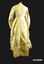One piece old gold Paper Taffeta wedding gown, stand up collar, piped in green taffeta. 