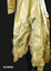 One piece old gold Paper Taffeta wedding gown, stand up collar, piped in green taffeta. 