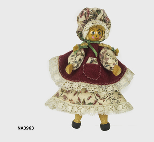  160cm wooden doll made from two clothes pegs painted and dressed in cotton and lace
