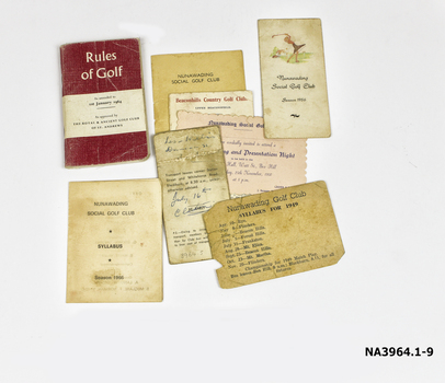 Collection of memorabilia pertaining to Golf Clubs and Social events played by Nunawading Social Golf Club from 1949-1966. NA