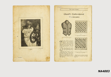 'The Ladies World Fancy Work Book featuring young girl  seated at a spinning wheel, entitled 'Curiosity'