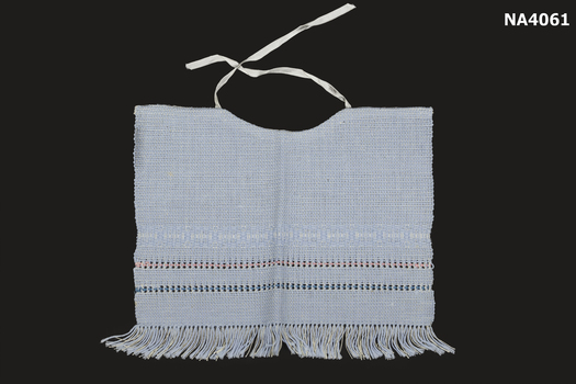 Blue hand stitched square bound at neck edge with white tape and ribbon ties.