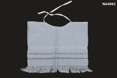Blue hand stitched square bound at neck edge with white tape and ribbon ties.