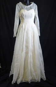 1958 Cream embroidered Nylon wedding dress.