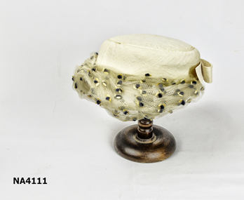 Hat -Cream linen Pillbox with bow & net.