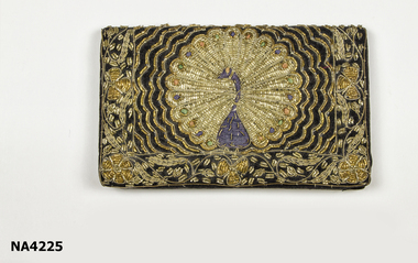 Evening Bag with front of bag covered with needlework in gold & silver thread. Coloured embroidery on the tail of a Peacock. Three butterflies on sides and two flowers in corners.