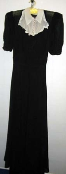 Full length black crepe afternoon dress flared skirt. Ba