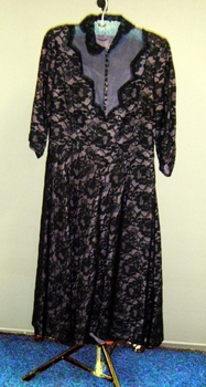 Full length black crepe afternoon dress flared skirt. Ba