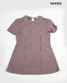 Maroon and white quarter inch checked cotton summer dress. 