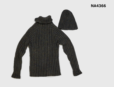 Man's dark grey with multi-coloured fleck wool hand knitted ribbed jumper and matching cap. 