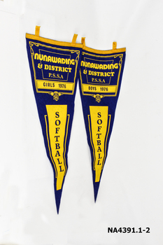 Two purple/yellow triangular pennants N.P.D.S.S.A.