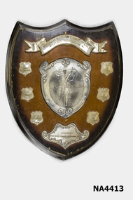 Wooden Shield with seven silver shields surrounding a central plaque depicting sporting achievements. The silver shields were awarded from 1967 - 1973.
