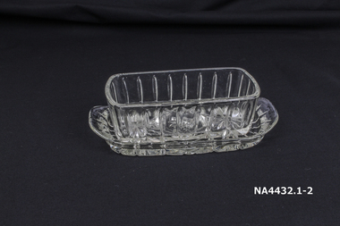 Oblong glass dish, base and cover.