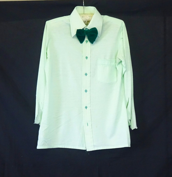 Shirt is a polyester fine knit, pale green with dark green buttons. 