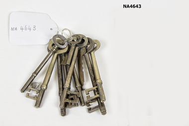 A bunch of 10 assorted keys that were the original keys to open Schwerkolt Cottage. 