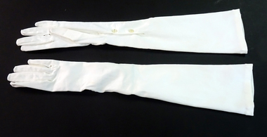 Pair of white Rayon long-sleeve gloves.