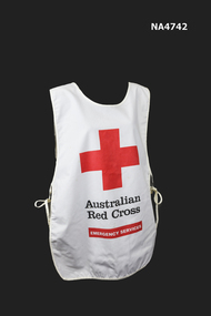 Apron - Over shoulder front and back. White apron with red cross on back and front; and in centre with  'Australian Red Cross' written below in black. 