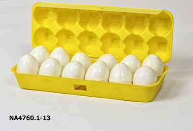 Plastic egg box containing twelve plastic eggs