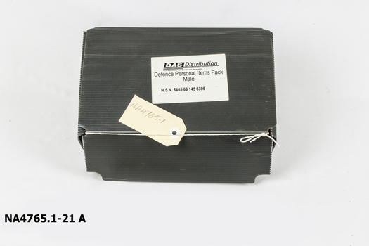 Dark grey cardboard box containing Defence Personal Items Pack - Male. 
