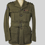 Khaki army woollen jacket with belt which has a metal buckle, rising sun badge on each lapel.