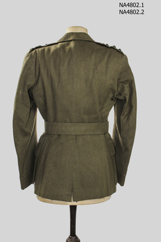 Khaki army woollen jacket with belt which has a metal buckle, rising sun badge on each lapel.