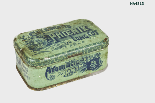 Green coloured tobacco tin. Printing on lid 'Celebrated'' Phoenix Long Cut'.