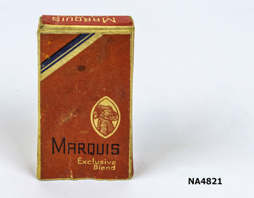Empty cigarette box red coloured with dark blue and cream strip across left hand top corner. 