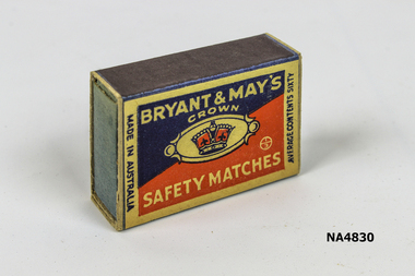 Empty Bryant and May match box. Red and dark blue cover with a red crown in the middle.