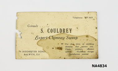 Cream coloured Business card from S. Couldrey, Expert Chimney Sweep. 