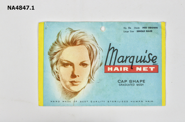 Marquise hairnet envelope blue with face (empty) No 5, Shade mid brown large size single hair, cap shape.