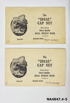 4 'Ideal' cap net human hair light brown. Manilla envelope.          5 'Ideal' cap net human hair light brown , plain envelope