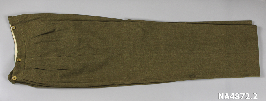  Khaki trousers with buttons fastening fly.