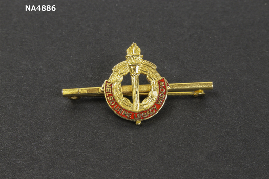 Gold coloured Legacy badge. Circle on bar with torch in centre and laurel leaves around the circle.