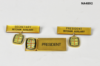 3 badges from Maroondah Hospital. 2 for President. 1 for Secretary. 