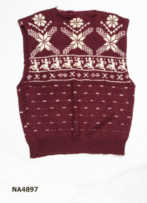 Maroon Fair-Isle vest with Nordic style patterns in white.