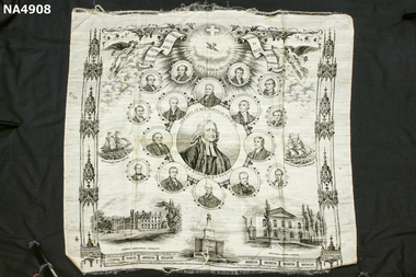 Silk banner of Wesley Church with picture of John Wesley in centre.