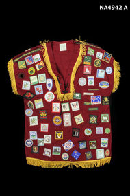 One maroon sleeveless scout jacket (camp shirt, front)