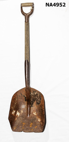 Large steel shovel with steel and wooden handle.
