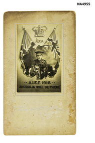 Cardboard poster with recruiting photo of a crown with A F A flanked by two union flags. 