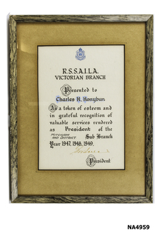 Framed Certificate presented to Charles Honybun in recognition of his service to R SSALIA Mitcham and District 1947,1948,1949