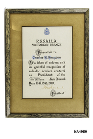 Framed Certificate presented to Charles Honybun in recognition of his service to RSSALIA Mitcham and District 1947,1948,1949