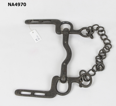 Iron bar between two iron loops, chain links forming short chain extending from one loop to another.