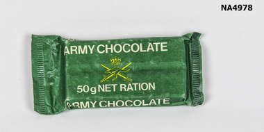 An eight portion chocolate bar enclosed in green foil-backed paper. 