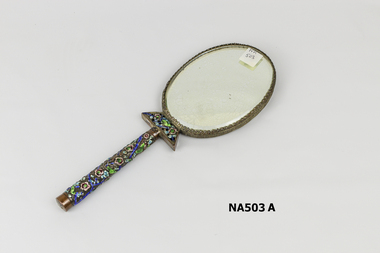Repousse, embossed ,enamel, decorated  hand mirror